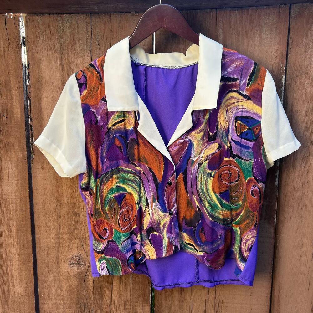 Vintage Abstract Print Cropped Blouse Purple Orange Artsy Top Size M